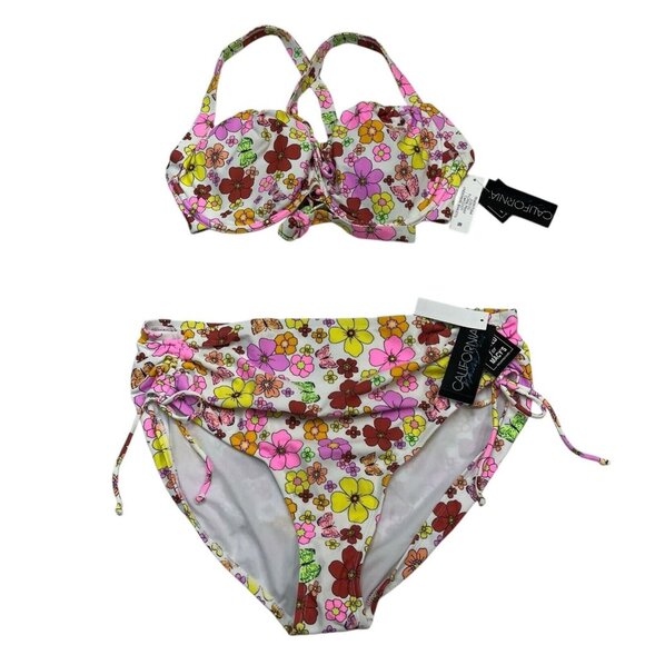 California Waves Bikini Womens 20/22  Flower Flutter Swimsuit Bright 70s Groovy - Picture 1 of 14